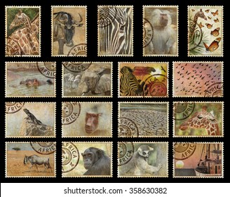 Postage stamps with Africa animals and nature symbols. Vintage style. Africa protect wild life concept. Isolated on a black background