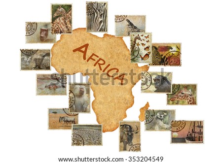 Postage stamps with Africa animals and nature symbols. Vintage style. Africa protect wild life concept. Isolated on a white background