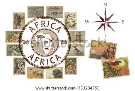 Postage stamps with Africa animals and nature symbols. Vintage style. Africa protect wild life concept. Isolated on a white background