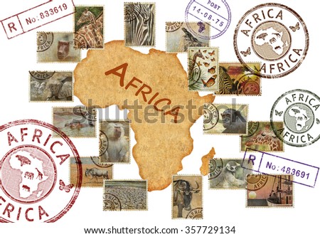 Postage stamps with Africa animals and nature symbols. Vintage style. Africa wild life protect concept. Isolated on a white background
