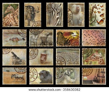 Postage stamps with Africa animals and nature symbols. Vintage style. Africa protect wild life concept. Isolated on a black background