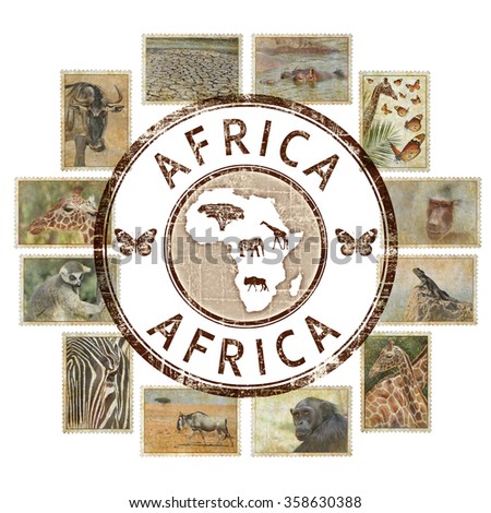 Postage stamps with Africa animals and nature symbols. Vintage style. Africa wild life protect concept. Isolated on a white background