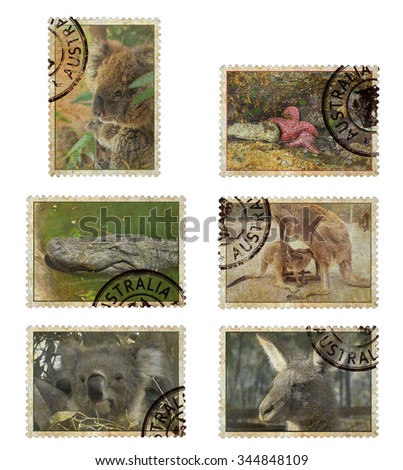 Postage stamps with Australia animals symbols. Vintage style. Isolated on a white background
