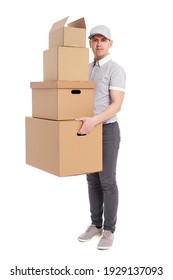 Postal Delivery Or Moving Day Concept - Full Length Portrait Of Man In Uniform Holding Many Boxes Isolated On White