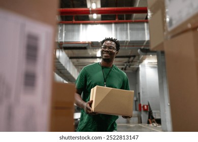 Postal worker carrying packages in sorting facility. Loading delivery truck. - Powered by Shutterstock