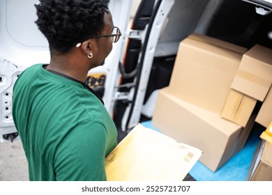 Postal worker unloading packages and mail from his truck to deliver shipment.