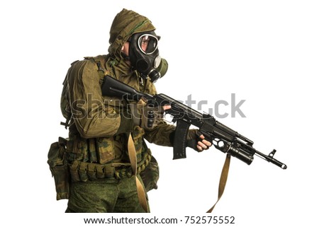 post-apocalyptic soldier. shot in studio. isolated on white background