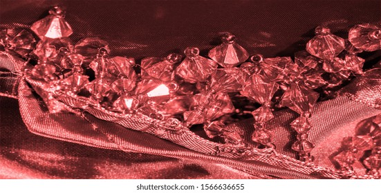 postcard, background, texture, dark red silk fabric, decorated with red glass beads, decor decorated with beads, design