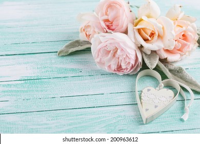 Postcard With Fresh Flowers And Decorative Heart On Wooden Background. Country Chic. Selective Focus, Horizontal.