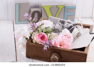 Postcard With Fresh Flowers On Wooden Background. Country Chic. Selective Focus, Horizontal.