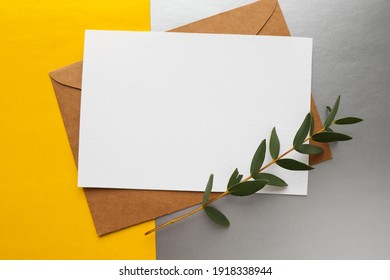 Postcard Mockup. Blank White Card With Kraft Brown Paper Envelope   