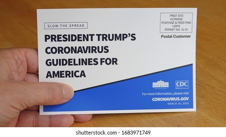 Postcard Sent Out By The White House And CDC To Inform People About Coronavirus Guidelines. Photo Taken In Vista, CA / USA On March 26, 2020.                               