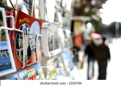 A Postcard Stand On A Sidewalk In France - Shallow Depth Of Field.