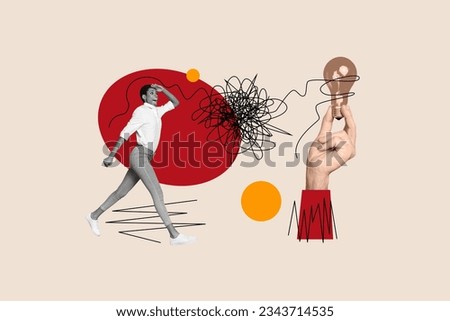 Poster 3d collage sketch image of happy smiling man look far away excellent idea strategy plan isolated on drawing background