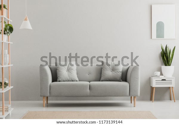 Poster above white cabinet with\
plant next to grey sofa in simple living room interior. Real\
photo