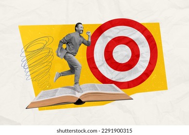 Poster banner collage of company owner guy reader financial book run fast for start up goals achievement - Powered by Shutterstock