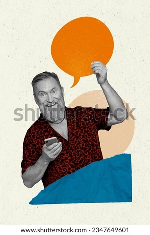 Poster banner collage of elderly man use smart gadget have community chat on viber telegram network speak talk with friends