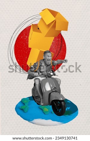 Poster banner collage of elderly man ride scooter with cardboard packages pointing destination for delivery