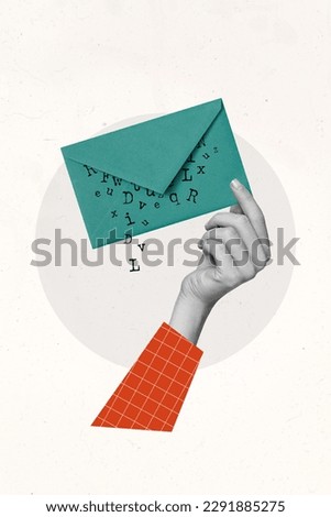 Poster banner collage of hand holding new message green letter with text words friendship love correspondence concept