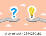 Poster banner collage magazine of two human arms hold lamb question mark choice dilemma solution answer isolated on drawing background