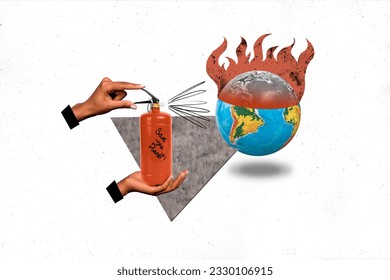 Poster banner collage people hands holding fire extinguisher try rescue fire earth natural protection concept