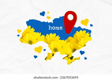 Poster banner collage of ukraine map geo pin showing home place love glory stop war concept - Powered by Shutterstock