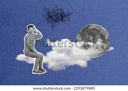 Poster banner collage of uncertain guy playing video simulation game about astronomy air flying get lost sit cloud