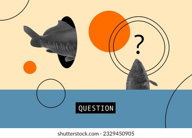 Poster banner colorful picture image collage of weird figurative fish swimming aquarium hole isolated on drawing retro background - Powered by Shutterstock