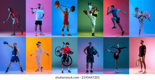 Poster, banner with professional sportsmen in sports uniform over multicolored background in neon filter. Concept of motion, action, competition, achievements. Summer sports. Winner emotions