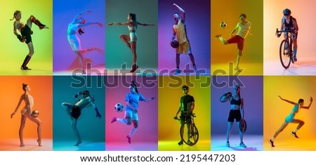 Poster, banner with professional sportsmen in sports uniform over multicolored background in neon filter. Concept of motion, action, competition, achievements. Summer sports. Winner emotions
