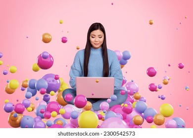 Poster banner template collage of business lady writing code make new cyberspace game with creative colorful blobs blotch