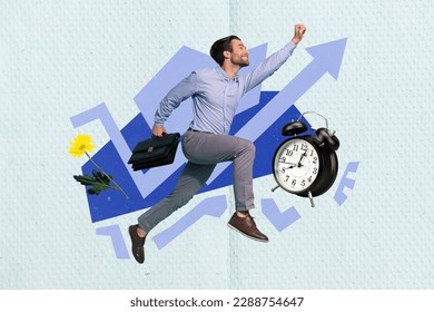 Poster banner template collage of young business person run fast late for work hurry up deadline start up improvement concept