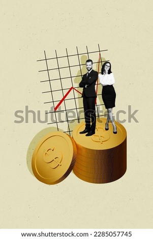 Poster banner trend collage of two little business people standing money stock investing income concept