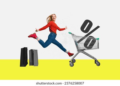 Poster billboard collage of cheerful happy girl walking store market buy goods products special autumn sale isolated on painted background