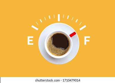 Poster with coffee cups and fuel gauge. Barnner