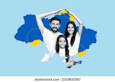 Poster collage banner billboard of happy Ukrainian family dream peaceful life without war russian terrorist yellow blue color background - Powered by Shutterstock