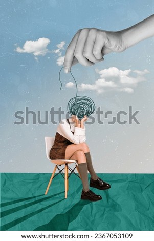Poster collage banner of faceless weird lady with mess lines suffer psychological disorder problems hand helping