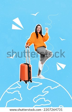Poster collage of excited lady win low cost tickets international travel resort isolated on blue planet picture background