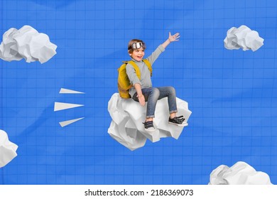 Poster collage of funny cute school child flying crumpled paper on dream imagine blue sky paint background
