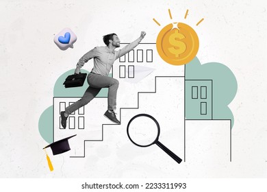Poster collage of guy run up black and white filter isolated on drawing grey color background