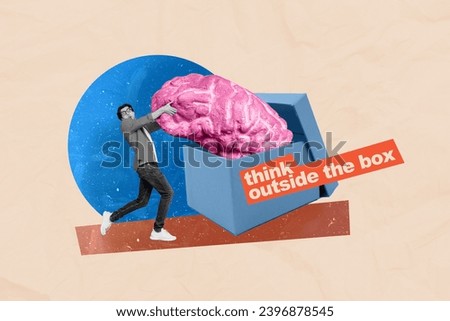 Poster collage image of funky guy take out huge size human brain think outside the box isolated on creative drawing background