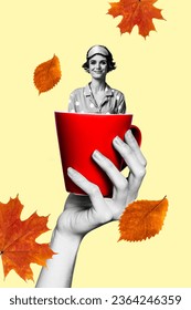 Poster collage picture of sweet charming dreamy girl inside large cup tasty drink isolated on drawing beige color background