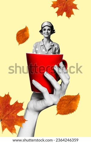 Poster collage picture of sweet charming dreamy girl inside large cup tasty drink isolated on drawing beige color background