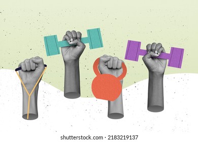 Poster collage of sportsman arms raise fitness tools health life body development concept isolated paint color background - Shutterstock ID 2183219137