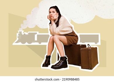 Poster collage of unhappy lady sit on retro bags miss her rain travel departure isolated on beige color background