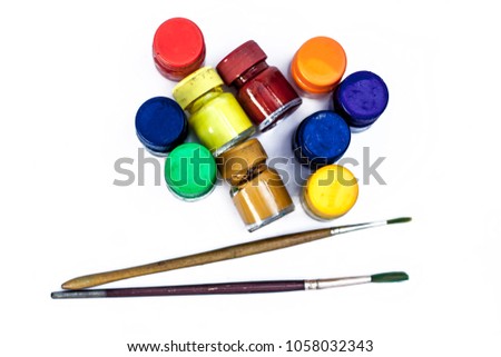 Poster colors  bottle with brush isolated on white.