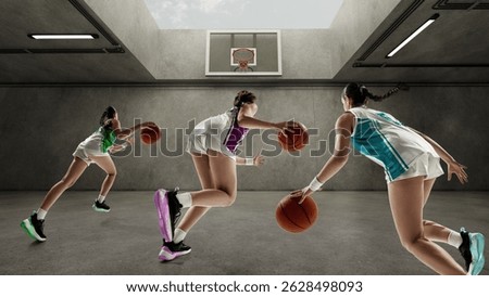 Poster. Conceptual collage. Back view of three female basketball players drive toward hoop in powerful synchronized motion. Dynamic composite image. Concept of teamwork, energy, tournament, motion.