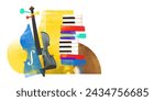 Poster. Contemporary art collage. Abstract artwork of violin, colorful piano keys and vinyl record, symbolizing fusion of classical and modern music. Concept of music festivals, concert and parties.