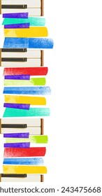 Poster. Contemporary art collage. Abstract colorful piano keys in vertical layout, creating vibrant and artistic representation of music. Concept of music festivals, fusion of classic and modern art.