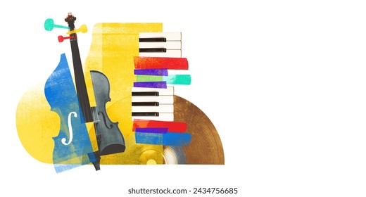 Poster. Contemporary art collage. Abstract artwork of violin, colorful piano keys and vinyl record, symbolizing fusion of classical and modern music. Concept of music festivals, concert and parties.